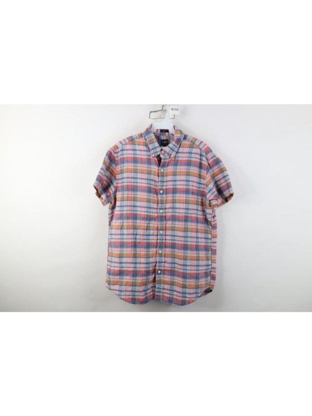 J Crew Mens Medium Slim Linen Blend Madras Plaid Short Sleeve Button Down Shirt